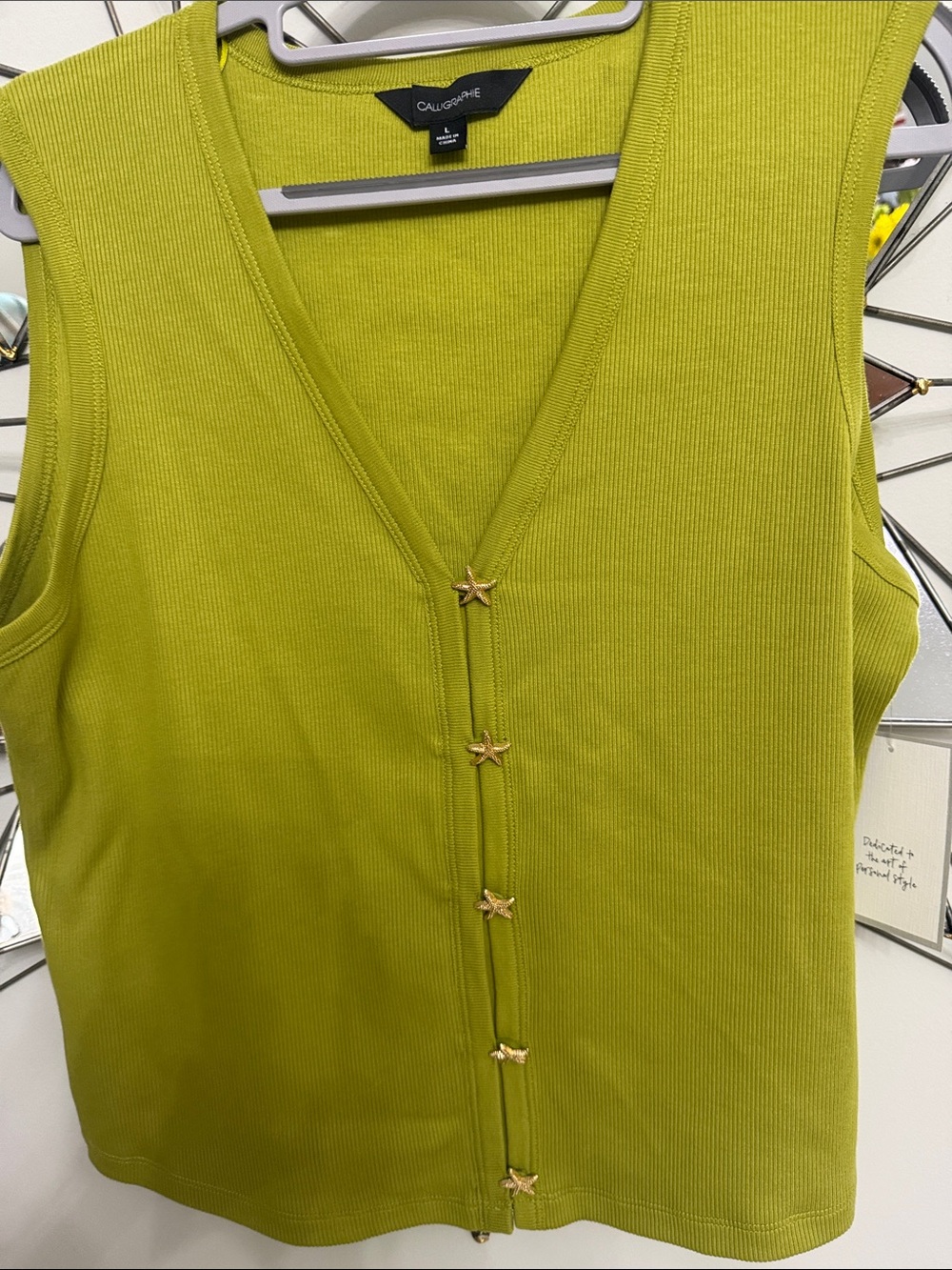 Lime Green Ribbed V-Neck Tank with Star Buttons